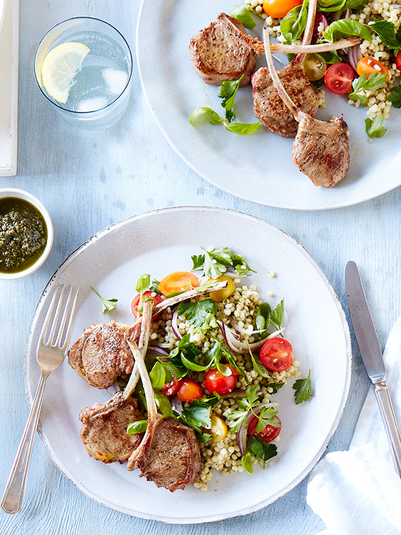 Seared lamb cutlets with cous cous salad