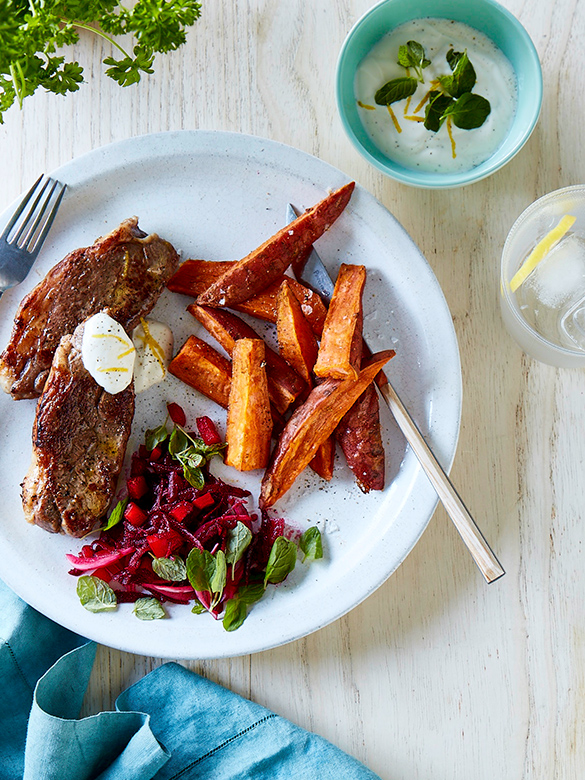 Rump steaks with beetroot relish and sweet potato