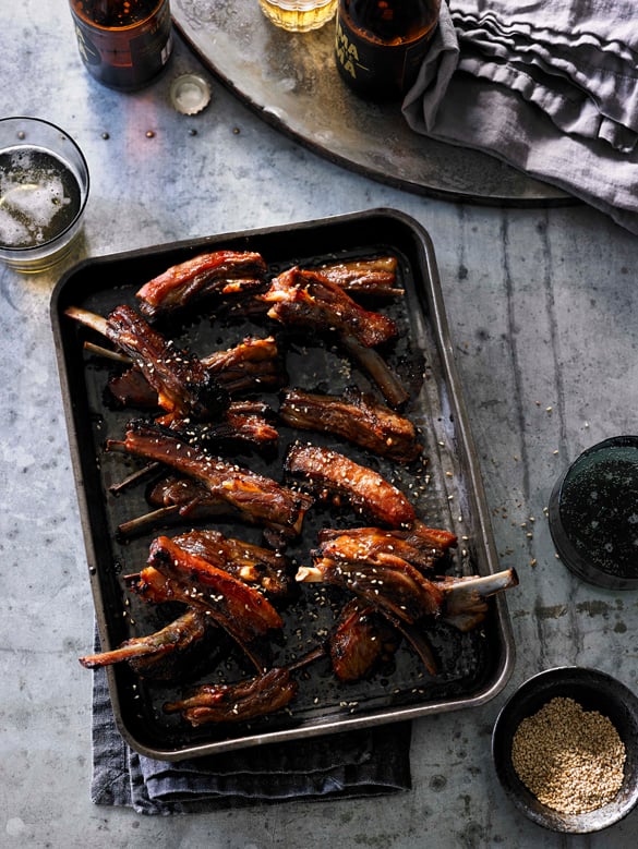 Sticky hoisin and sesame lamb ribs