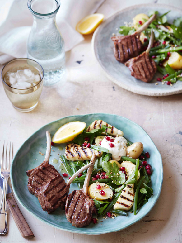 Lamb cutlets with haloumi, bean and potato salad