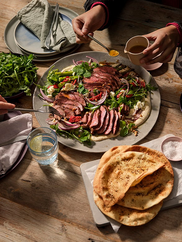 Seared lamb rump with hummus