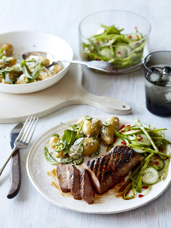 Miso lamb, Asian potato salad and cucumber pickle