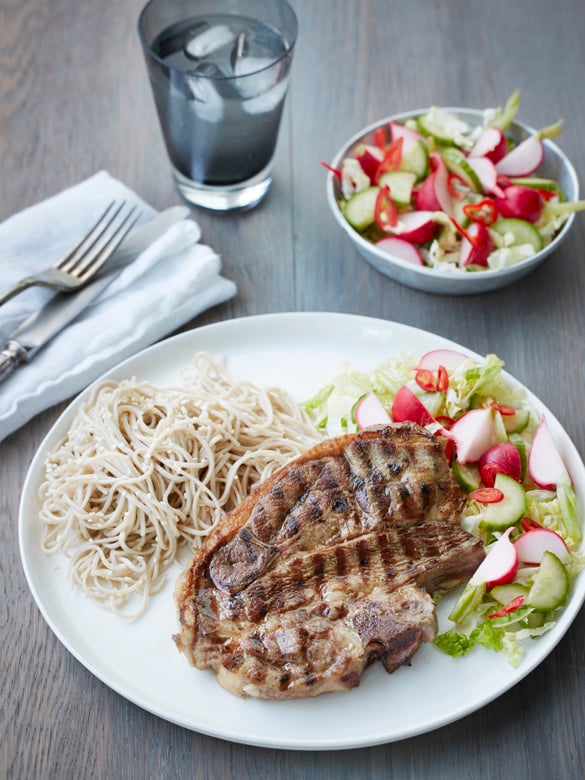 Grilled forequarter chops with soba noodle salad