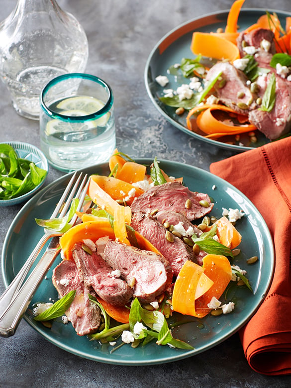 Mini lamb rump roast with carrot & feta salad