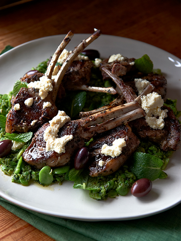 Barbecued lamb with feta and broad bean paste