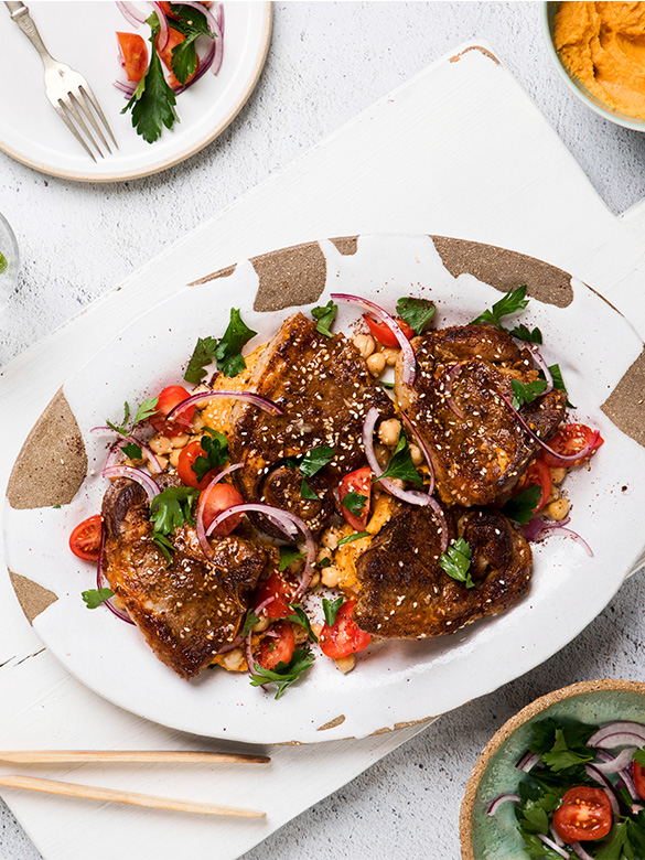 Spiced lamb loin chops, hummus & sumac salad