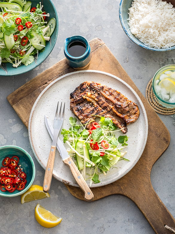 Grilled Lamb Forequarter Chops with Enoki Salad