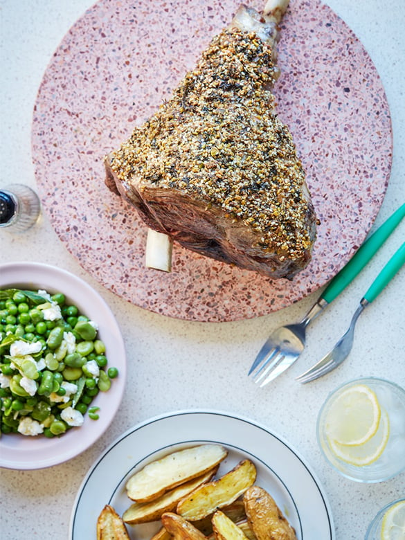 Dukkah crusted lamb leg with crispy lemon potatoes