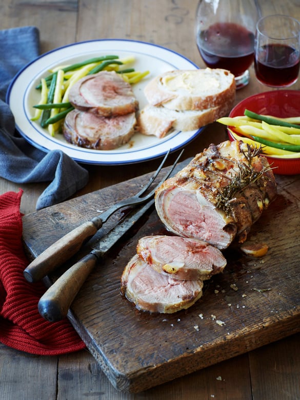 Boned and rolled lamb loin roast with beans