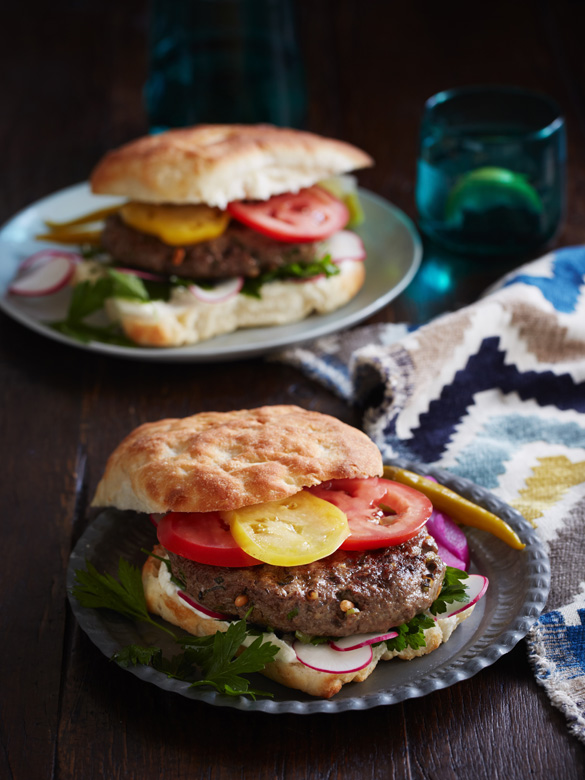 Spiced lamb and pine nut burgers with tahini