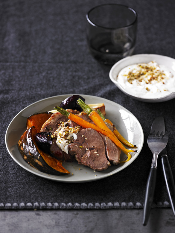 Dukkah lamb with roasted vegetables and tahini