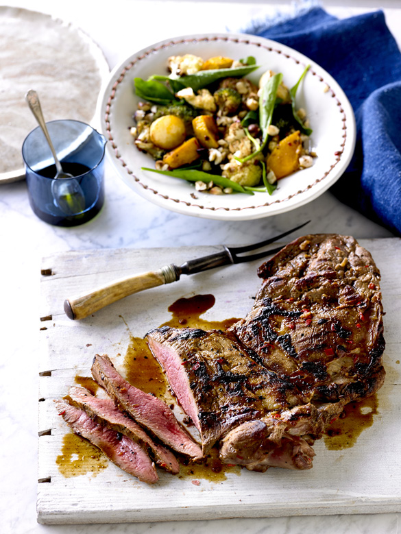 Barbecued butterflied lamb with vegetable salad