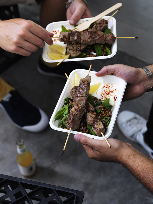 Lamb kebabs with lentil salad