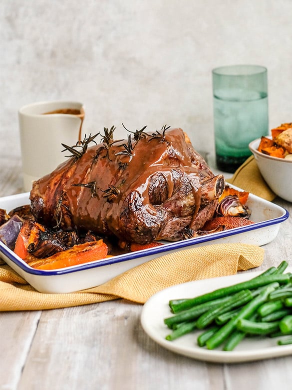 Roast lamb with chocolate pepper sauce