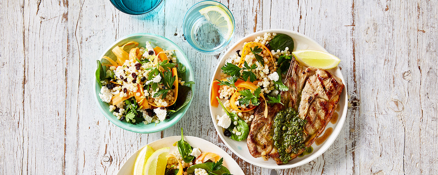 Barbecued lamb chops with pesto & cous cous salad recipe | Australian Lamb - Recipes, Cooking Tips a