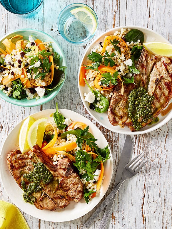 Barbecued lamb chops with pesto & cous cous salad