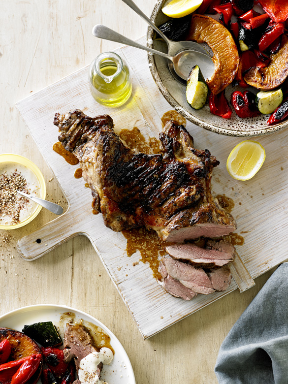 Butterflied lamb leg with roasted vegetables