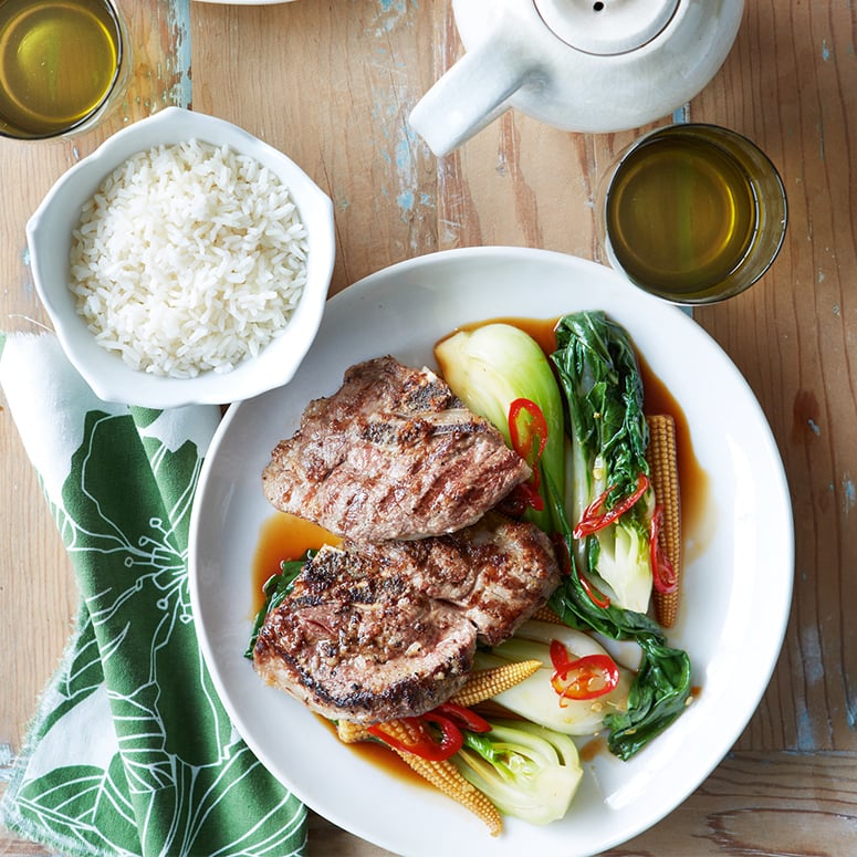 Lamb chump chops with Asian greens in oyster sauce recipe | Australian Lamb - Recipes, Cooking Tips 