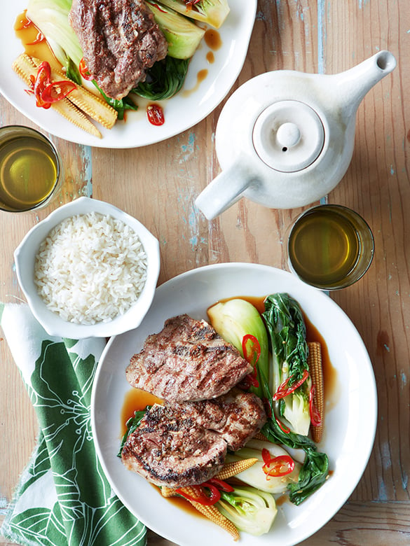 Lamb chump chops with Asian greens in oyster sauce