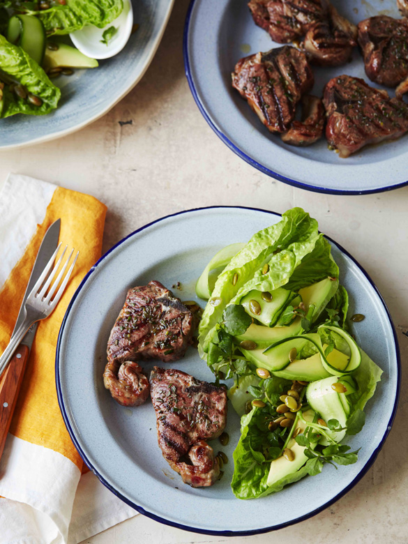 Lamb loin chops with green avocado salad