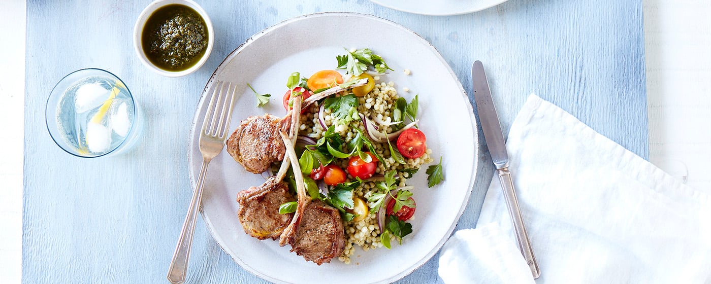 Seared lamb cutlets with cous cous salad recipe | Australian Lamb - Recipes, Cooking Tips and More