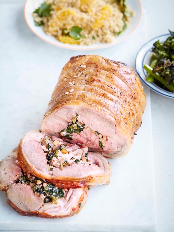 Spinach, feta and pine nut stuffed lamb loin roast