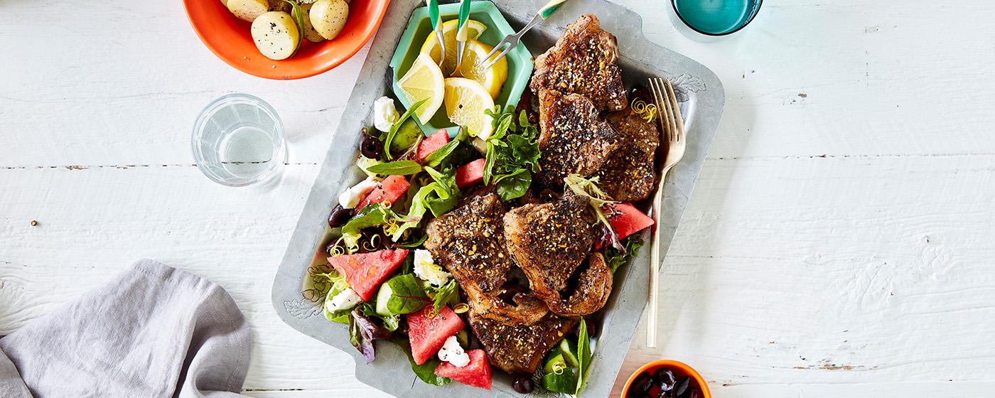 Dukkah crusted loin chops with watermelon salad recipe | Australian Lamb - Recipes, Cooking Tips and