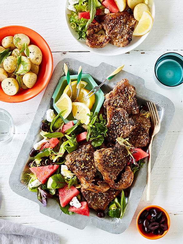 Dukkah crusted loin chops with watermelon salad