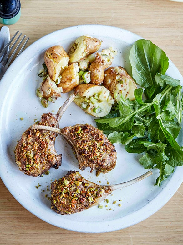 Pistachio-crusted lamb cutlets with kipflers