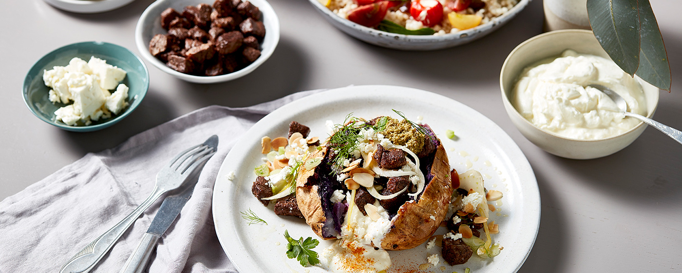 Sweet potato with diced lamb and green olive tapenade recipe
            |
Australian Lamb - Recipes, Cooking Tips and More