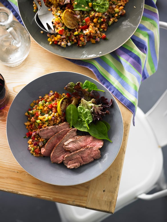 Lamb rump steaks with red lentil salad