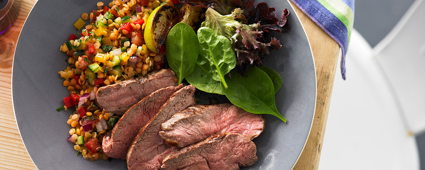Lamb rump steaks with red lentil salad recipe | Australian Lamb - Recipes, Cooking Tips and More