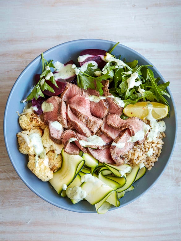 Lamb bowl with beetroot, cauliflower and tahini