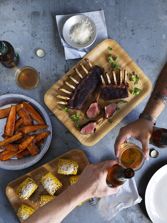 Spiced lamb rack with cheesy corn cobs