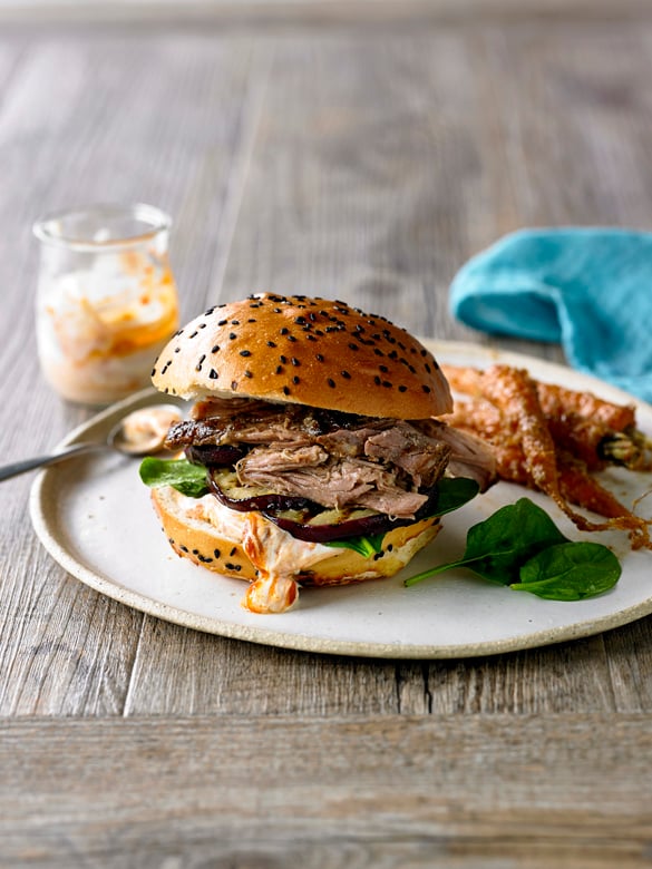 Tunisian-style pulled lamb shoulder burger