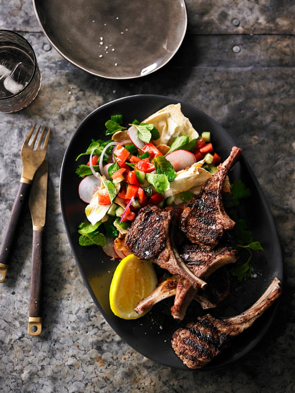 Grilled sumac lamb cutlets with fatoush