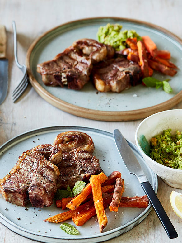 BBQ Lamb chops with pesto & kumara chips