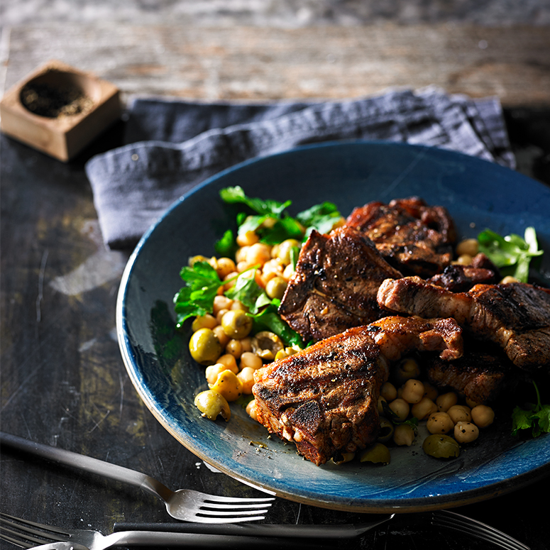 Smoked paprika lamb loin chops with chick pea and green olive salad recipe | Australian Lamb - Recip