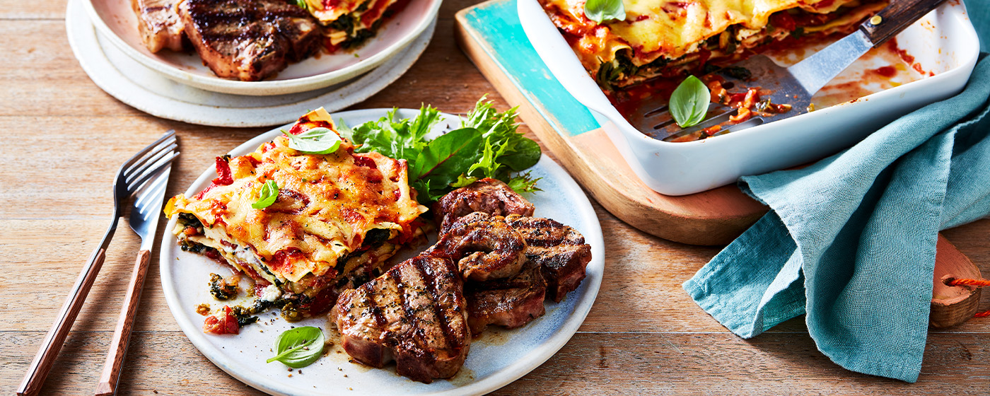 Italian herb loin chops with vegetable lasagne | Australian Lamb - Recipes, Cooking Tips and More