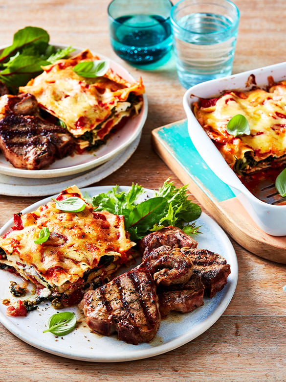 Italian herb loin chops with vegetable lasagne