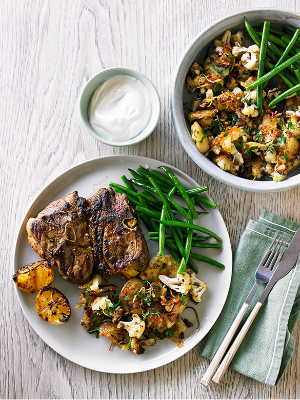 Moroccan chops with roasted potato and cauliflower