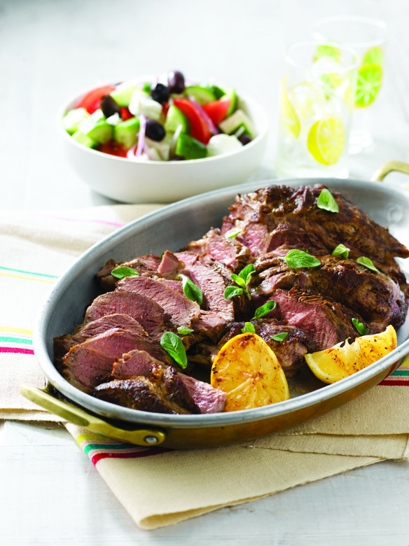 Barbecued lamb shoulder with a Greek salad