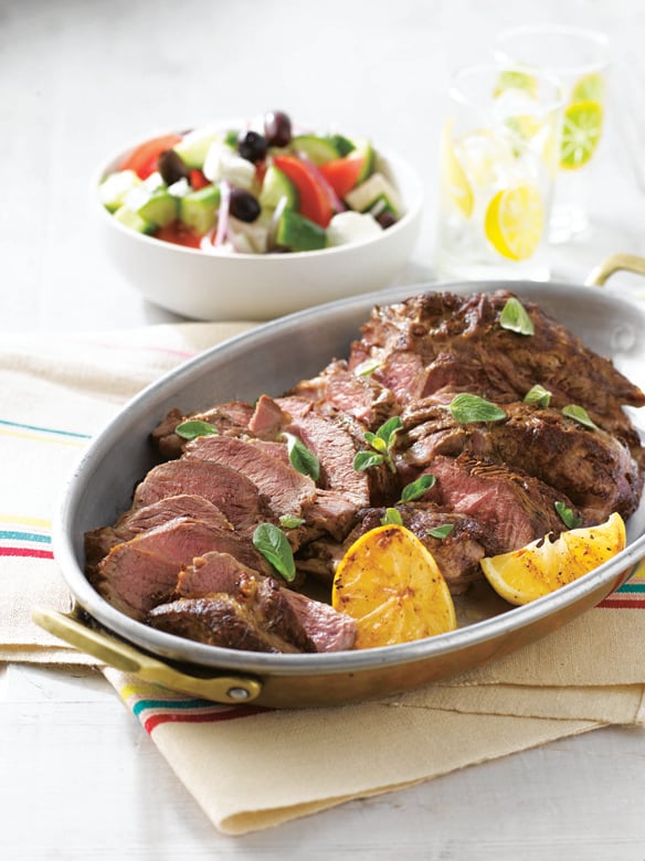 Barbecued lamb shoulder with a Greek salad