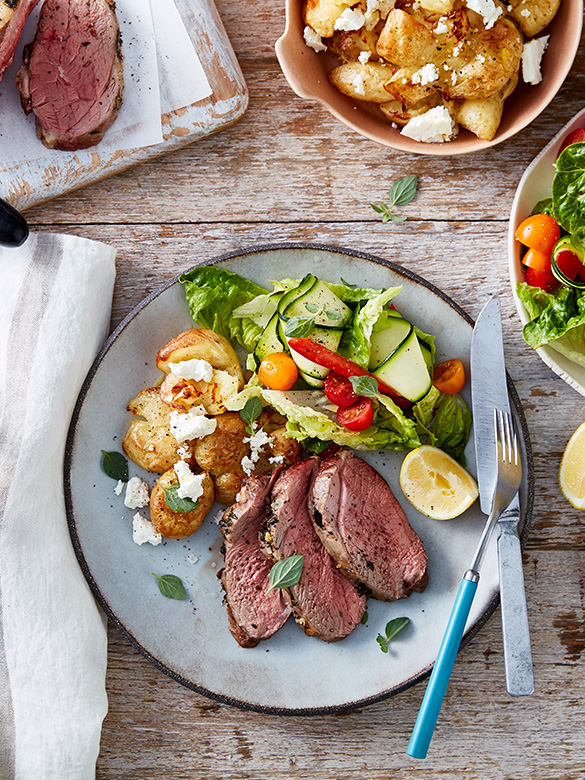 Greek lamb mini roast with lemon feta potatoes