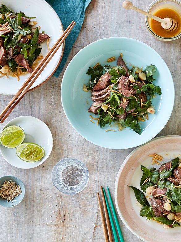 Manuka honey grilled lamb salad and crispy noodle