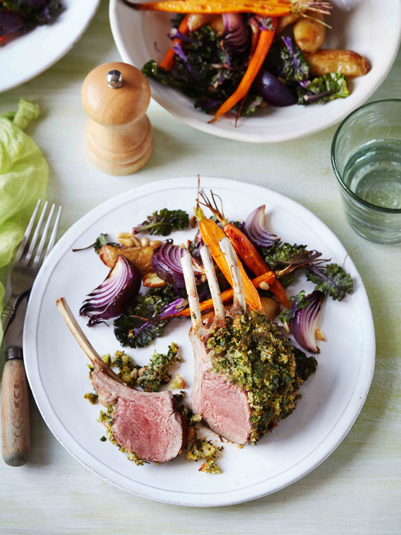 Herb crusted lamb racks & roasted vegetable salad