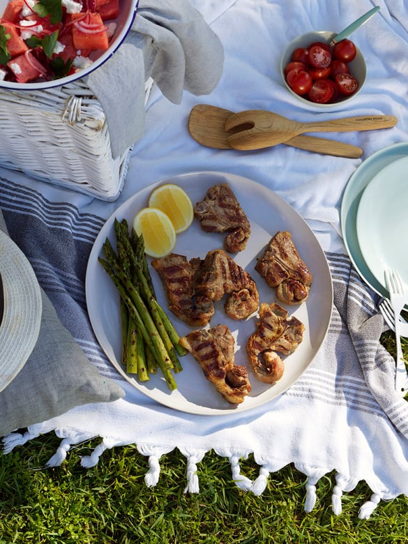 Lamb chops with feta, tomato and watermelon salad