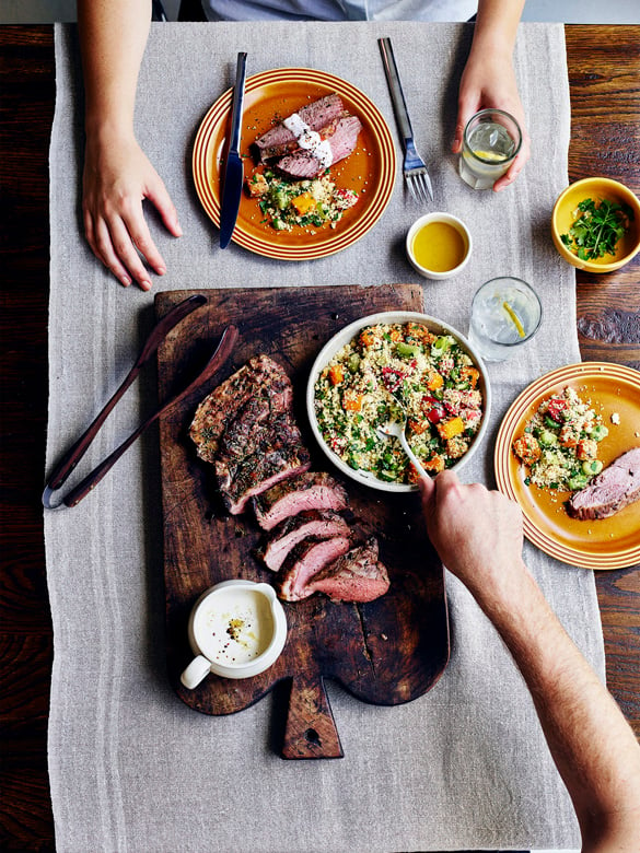 Grilled lamb with tahini sauce & pumpkin taboulli