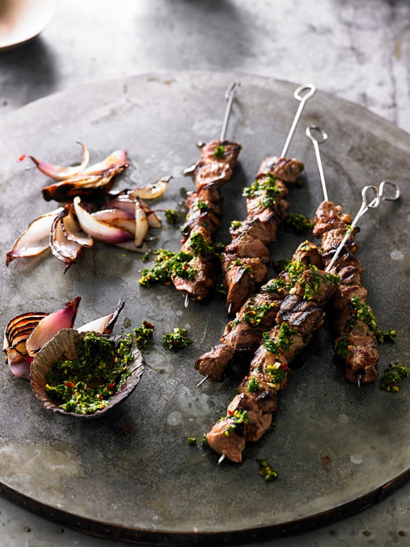 Garlic and oregano lamb skewers with chimichurri