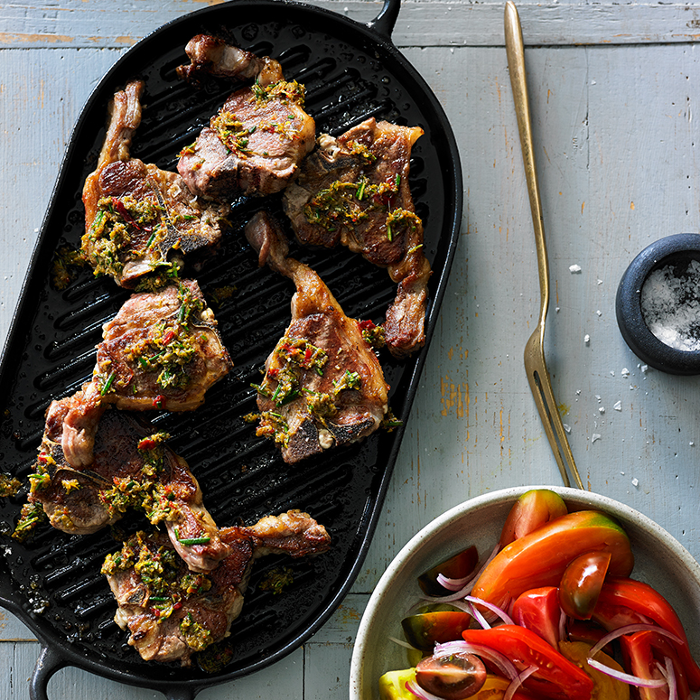 Char-grilled lamb loin chops with pounded anchovy and rosemary dressing recipe | Australian Lamb - R